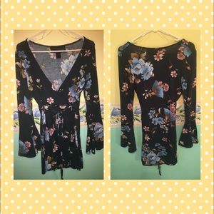 Bell Sleeve Spring Floral Wrap Dress